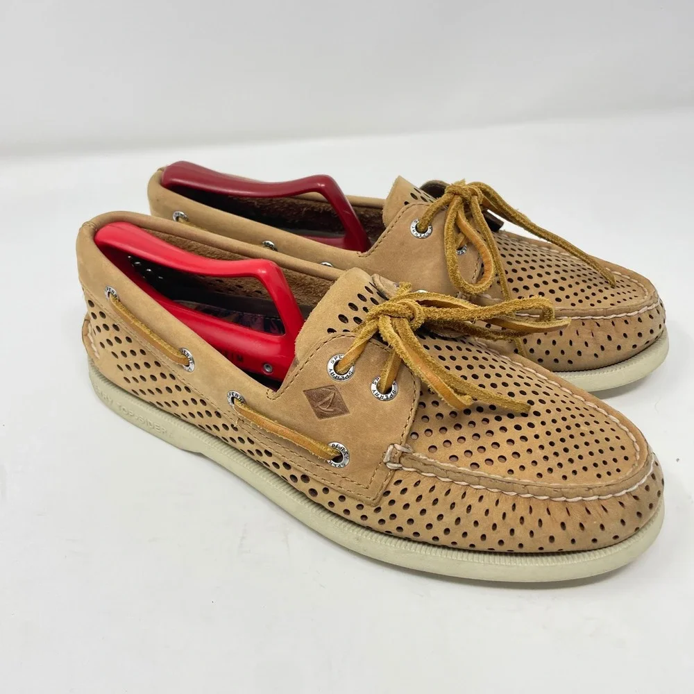 Sperry Top-Sider Mens 7M Authentic Original Tan Perforated Leather Boat Shoes